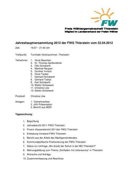 Jahreshauptversammlung 2012 der FWG Thierstein - Freie Wähler ...