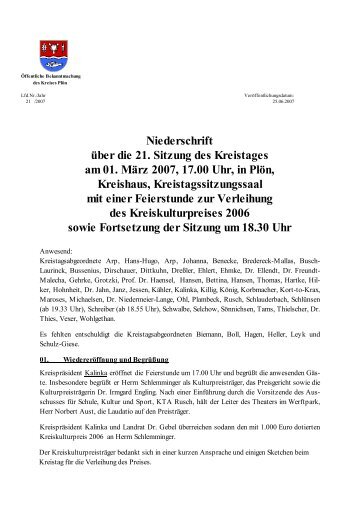 Niederschrift über die 21. Sitzung des Kreistages am 01 ... - Kreis Plön