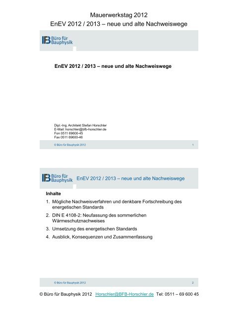 EnEV 2012 / 2013 – neue und alte Nachweiswege