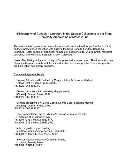 Bibliography of Canadian Literature in the Special  - Trent University