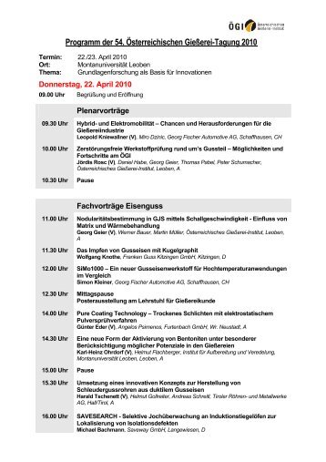 Programm der 54. Österreichischen Gießerei-Tagung 2010 - ÖGI