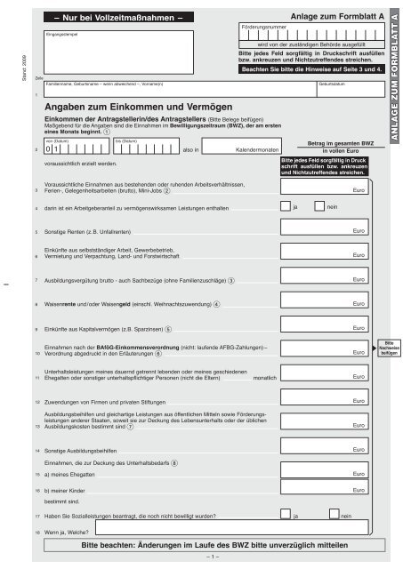 Hinweise zum Ausfüllen der Anlage zum Formblatt A