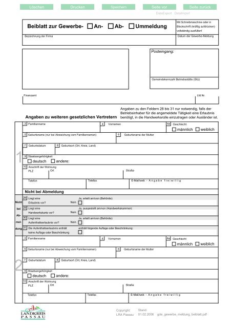 An Ab Ummeldung Beiblatt Zur Gewerbe Landkreis Passau