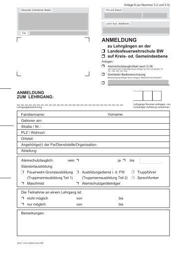 Anmeldeformular Feuerwehrlehrgänge - im Landkreis Ravensburg