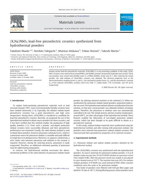 (K,Na)NbO3 lead-free piezoelectric ceramics synthesized from ...