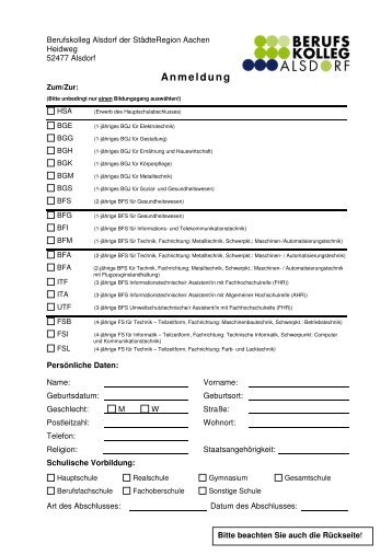 Anmeldeformular - Berufskolleg Alsdorf