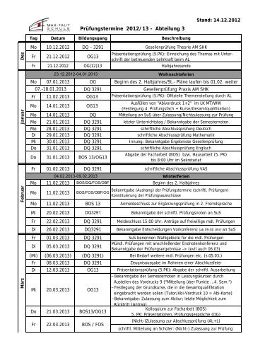 Prüfungstermine der Abteilung 3 - OSZ Max-Taut-Schule in Berlin