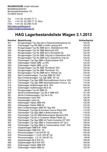 Lagerliste von HAG Wagen 3.1.2013 - bei Roundhouse ...