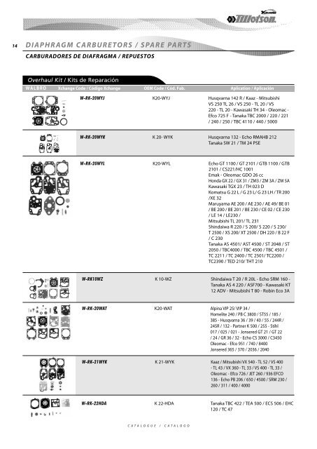 Diaphragm Carburetors Spare Parts - Tillotson