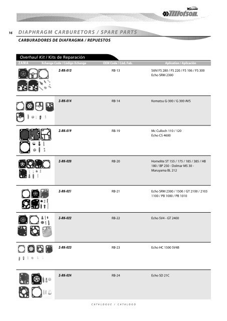 Diaphragm Carburetors Spare Parts - Tillotson