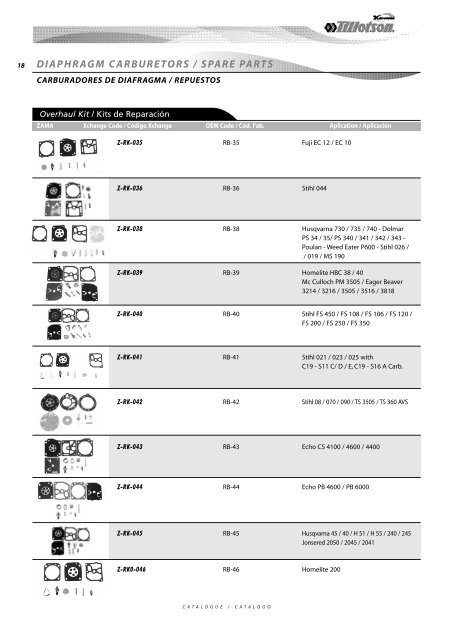 Diaphragm Carburetors Spare Parts - Tillotson