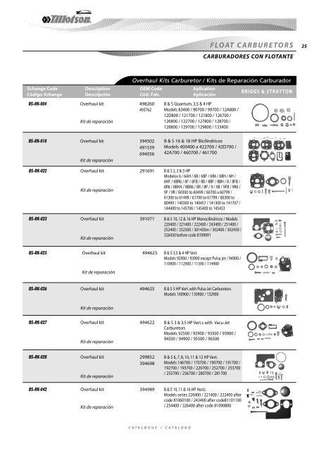 Diaphragm Carburetors Spare Parts - Tillotson