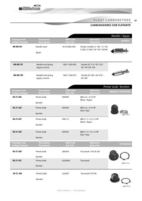 Diaphragm Carburetors Spare Parts - Tillotson