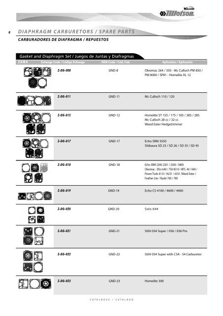 Diaphragm Carburetors Spare Parts - Tillotson