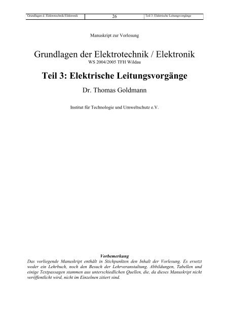 Grundlagen der Elektrotechnik / Elektronik Teil 3: Elektrische ...