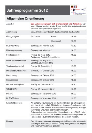 Jahresprogramm 2012 - Feuerwehr Oberlunkhofen-Jonen