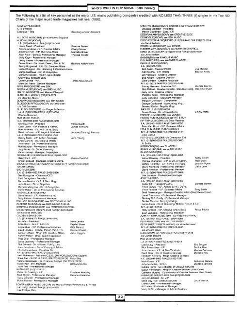 Who's Who in Pop Music Publishing - New On The Charts