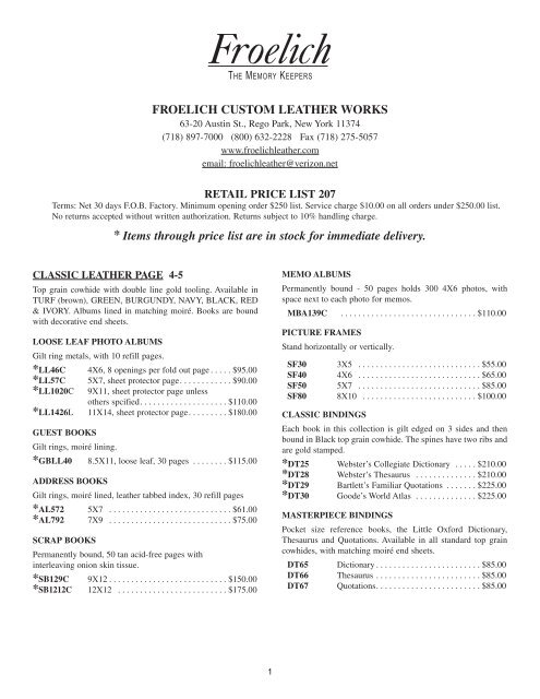 Froelich Price List 207 Froelich Leather Albums Frames