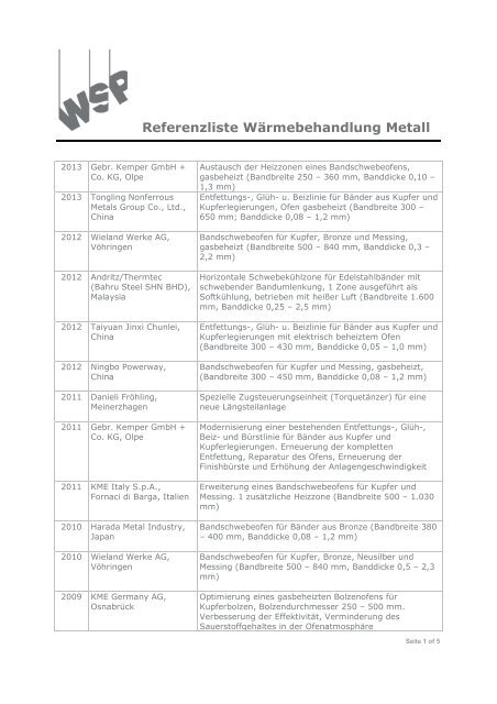 Referenzliste Wärmebehandlung Metall - WSP GmbH