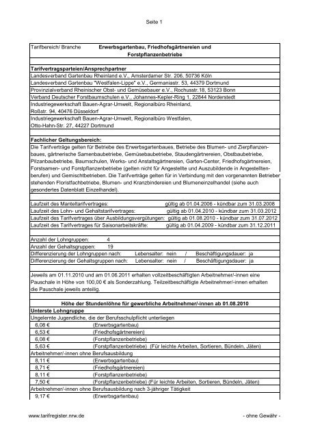 Seite 1 Tarifbereich/ Branche Erwerbsgartenbau ... - Tarifregister NRW