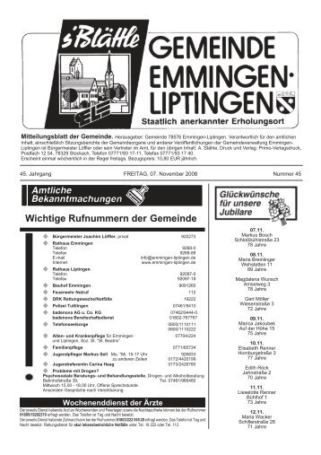 Wichtige Rufnummern der Gemeinde - Emmingen-Liptingen