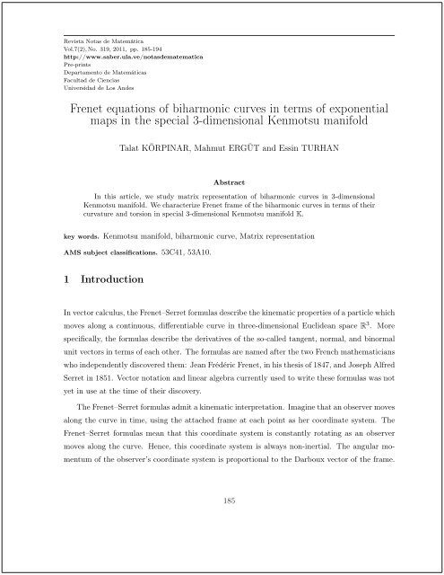 Frenet equations of biharmonic curves in terms of ... - Saber ULA