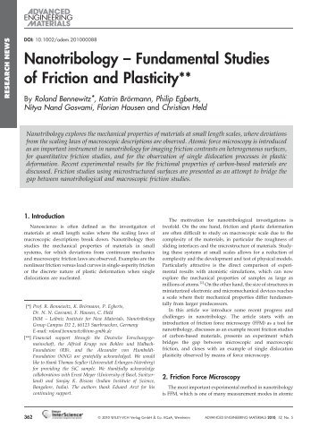 Nanotribology Fundamental Studies of Friction and Plasticity