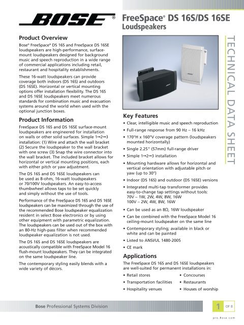 FreeSpace DS 16S / DS 16SE Loudspeakers - Tech Data Sheet