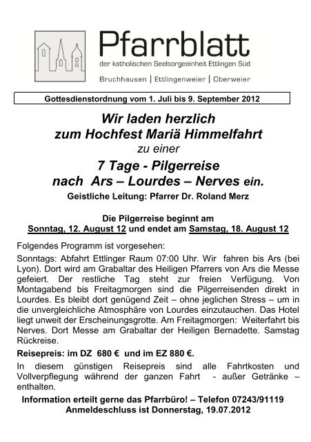 Pfarrblatt 01.07.2012 - Katholische Seelsorgeeinheit Ettlingen-Süd