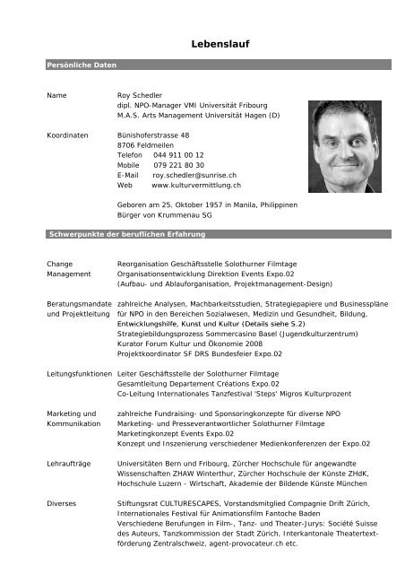 Lebenslauf Roy Schedler - kulturvermittlung.ch