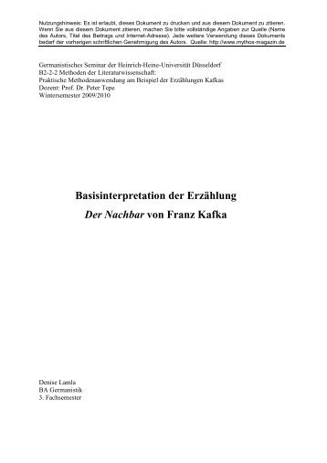 Basisinterpretation der Erzählung Der Nachbar von Franz Kafka