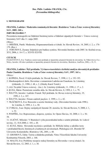 Doc. PhDr. Ladislav FRANEK, CSc. (Personálna bibliografia) I ...