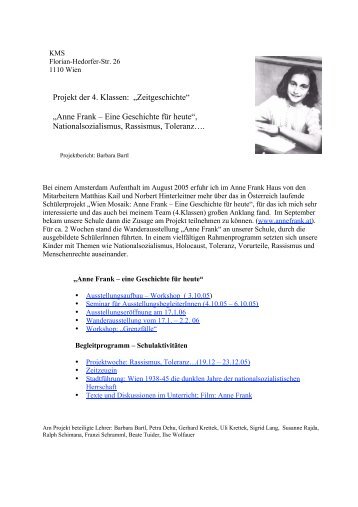Projekt der 4. Klassen: „Zeitgeschichte“ - Anne Frank Verein Österreich