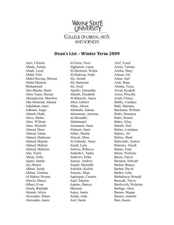 Dean's List – Winter Term 2009
