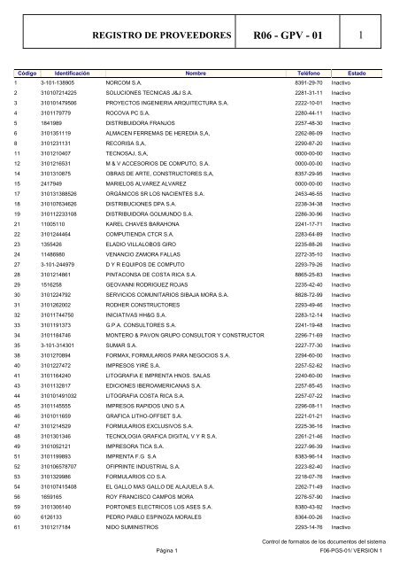 reporte de proveedores inactivos - Pima