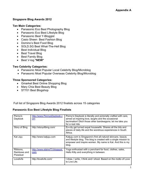 Appendix A Singapore Blog Awards 2012 Ten Main Categories ...