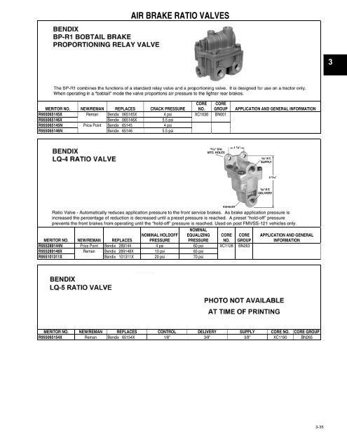 Bendix Valve Chart