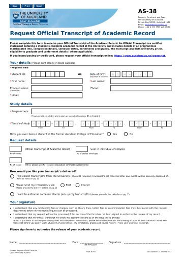 AS-38 Request Official Transcript of Academic Record