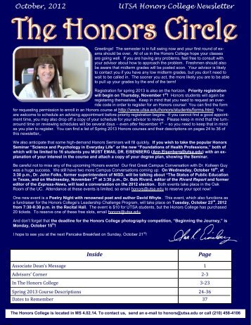 October, 2012 UTSA Honors College Newsletter - The University of ...