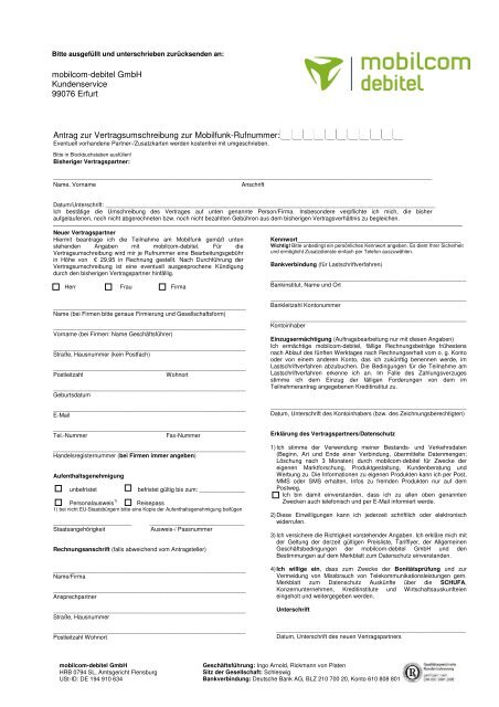 Vertragsumschreibung mobilcom-debitel GmbH
