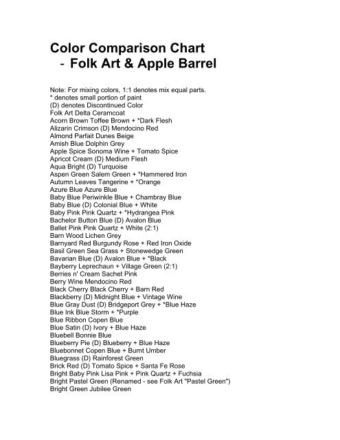 Color Comparison Chart Folk Art Amp Apple Barrel Delta Creative - Apple Barrel Craft Paint Color Chart