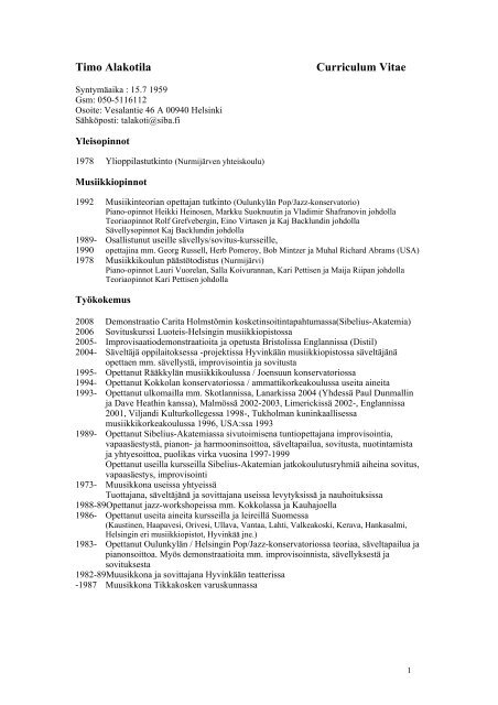 Timo Alakotila Curriculum Vitae