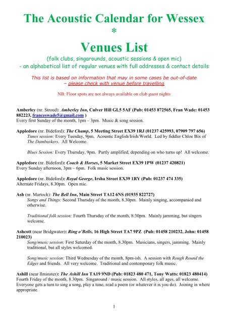Venues List - The Acoustic Calendar for Wessex