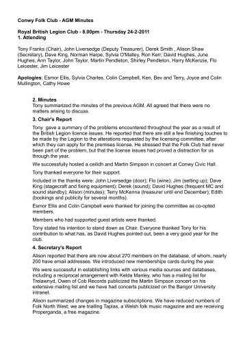 Conwy Folk Club - AGM Minutes - Clwb Gwerin Conwy Folk Club