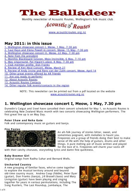Monthly Newsletter Of Acoustic Routes Wellington S Folk Music Club