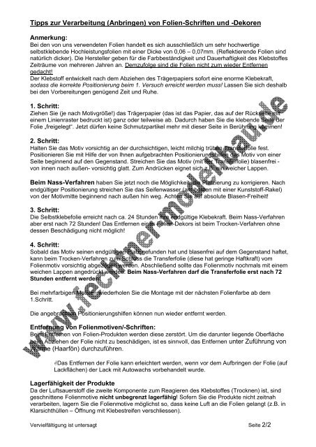 Tipps zur Verarbeitung ( Blasenfrei bei jedem Schritt |