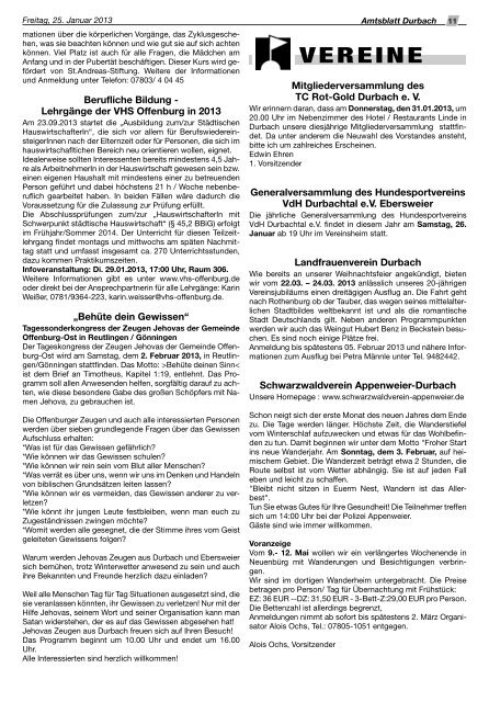 Amtsblatt der Gemeinde Durbach mit Ebersweier