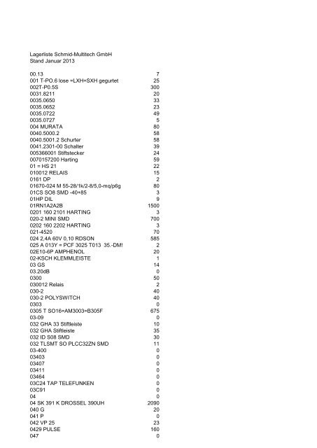 Lagerliste Schmid-Multitech GmbH Stand Januar 2013 00.13 7 001 ...