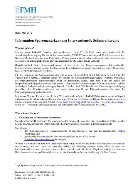 Information Spartenanerkennung Interventionelle ... - TARMED Suisse