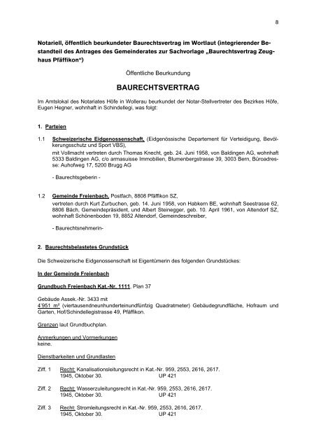 Baurechtsvertrag Zeughaus Pfäffikon - Gemeinde Freienbach